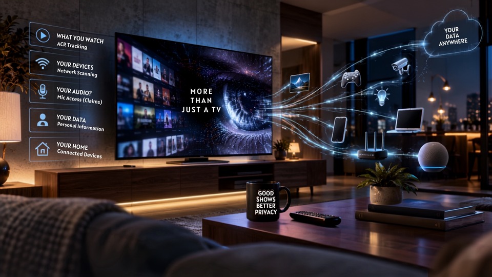 Illustration of a smart TV connected to devices in a home network