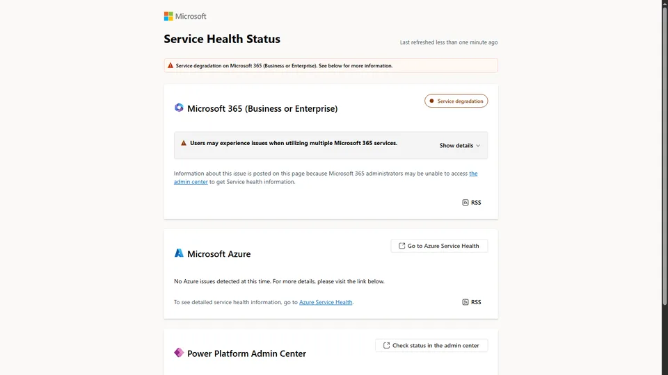 Microsoft Service Health Status page showing a Microsoft 365 service degradation