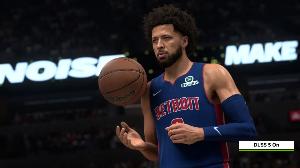 NBA 2K27 gameplay with NVIDIA DLSS 5 enabled, showing Cade Cunningham holding a basketball