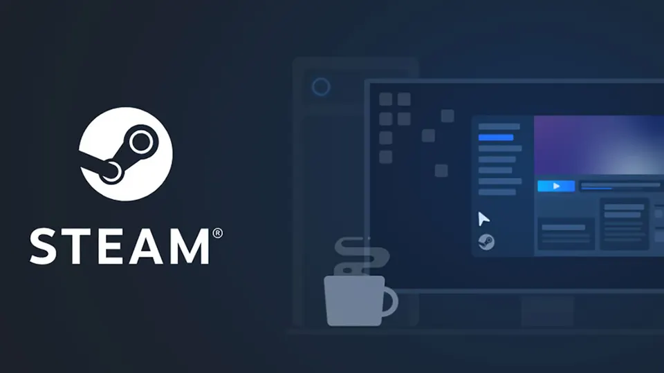 Official Steam promotional graphic showing the Steam logo beside a desktop PC interface