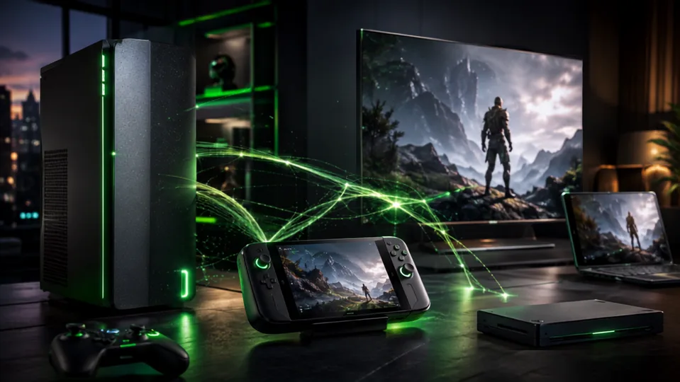 Original editorial illustration of a connected next-generation gaming device ecosystem