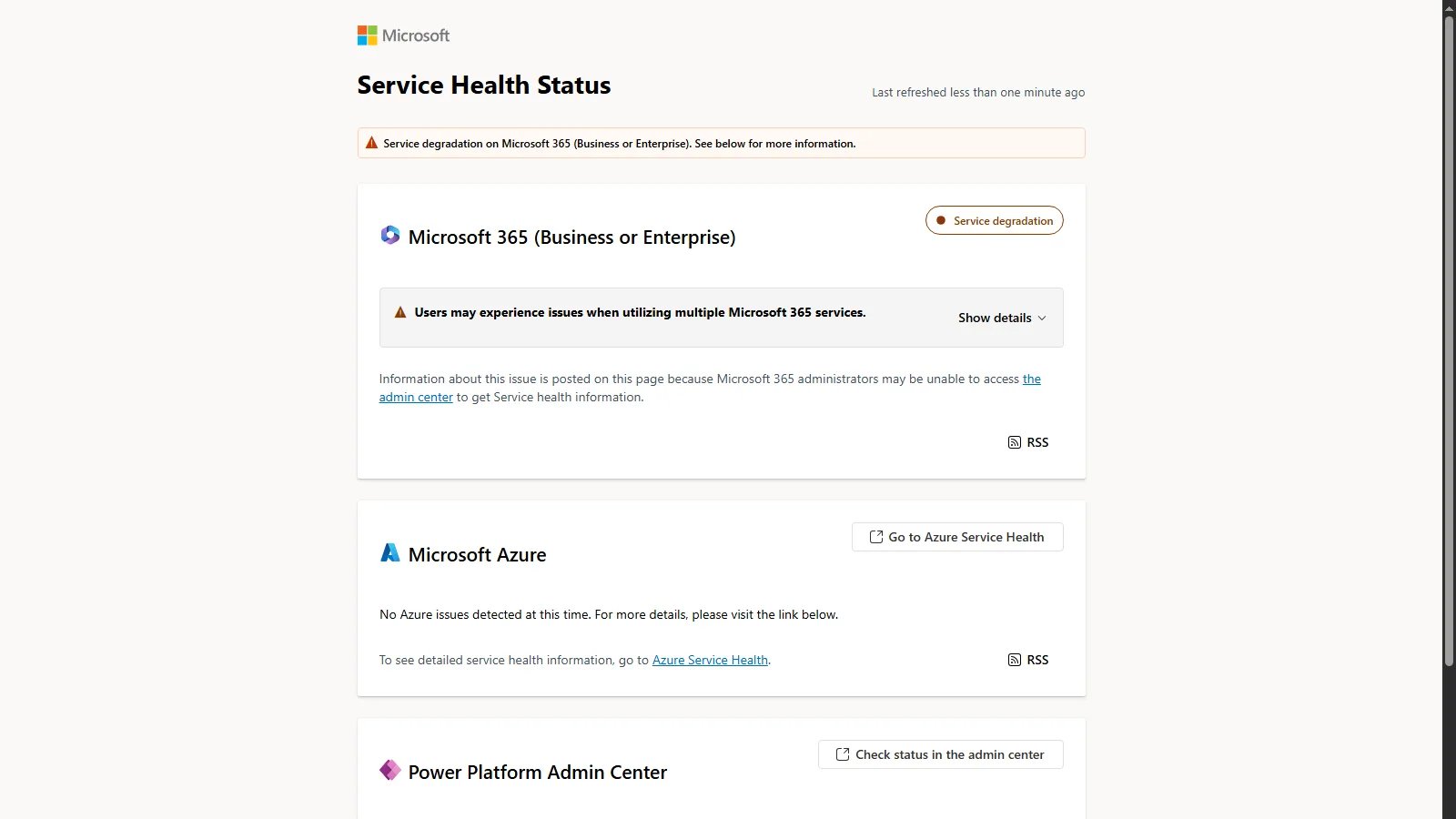 Microsoft Service Health Status page showing a Microsoft 365 service degradation